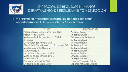  A continuación se detalla el listado de las clases que serán consideradas en el Concurso Interno Administrativo: DIRECCIÓN DE RECURSOS HUMANOS DEPARTAMENTO.