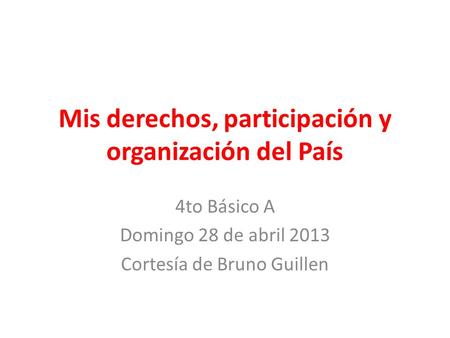 Mis derechos, participación y organización del País 4to Básico A Domingo 28 de abril 2013 Cortesía de Bruno Guillen.