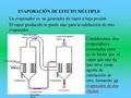EVAPORACIÓN DE EFECTO MÚLTIPLE Un evaporador es un generador de vapor a baja presión El vapor producido se puede usar para la calefacción de otro evaporador.