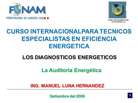 1 LOS DIAGNOSTICOS ENERGETICOS ING. MANUEL LUNA HERNANDEZ Setiembre del 2009 La Auditoria Energética BANCO INTERAMERICANO DE DESARROLLO CURSO INTERNACIONALPARA.