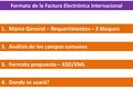 Formato de la Factura Electrónica Internacional 1.Marco General – Requerimientos – 3 bloques 2.Análisis de los campos comunes 3.Formato propuesto – XSD/XML.