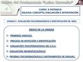 UNIDAD 3 : EVALUACIÓN PSICOPEDAGÓGICA E IDENTIFICACIÓN DE NEES. INDICE DE LA UNIDAD 1.- PRIMEROS INDICIOS. 2.- PROCESO DE DETECCIÓN E IDENTIFICACIÓN 3.-