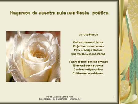 Profra. Ma. Luisa Morales Nieto Sistematización de la Enseñanza - Humanidades 1 Hagamos de nuestra aula una fiesta poética. La rosa blanca Cultiva una.