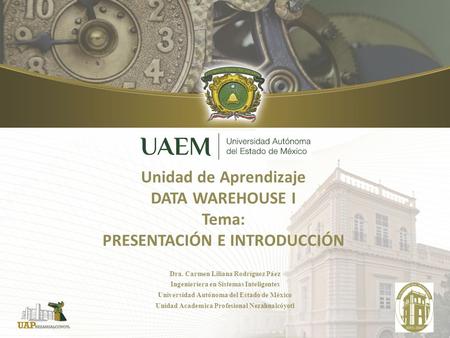 Unidad de Aprendizaje DATA WAREHOUSE I Tema: PRESENTACIÓN E INTRODUCCIÓN Dra. Carmen Liliana Rodríguez Páez Ingenieriera en Sistemas Inteligentes Universidad.