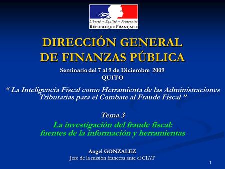 1 DIRECCIÓN GENERAL DE FINANZAS PÚBLICA Seminario del 7 al 9 de Diciembre 2009 QUITO “ ” “ La Inteligencia Fiscal como Herramienta de las Administraciones.