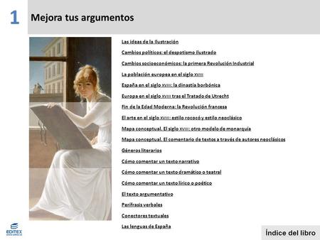 Mejora tus argumentos Índice del libro Las ideas de la Ilustración Cambios políticos: el despotismo ilustrado Cambios socioeconómicos: la primera Revolución.