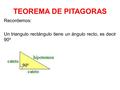TEOREMA DE PITAGORAS Recordemos: Un triangulo rectángulo tiene un ángulo recto, es decir 90º.