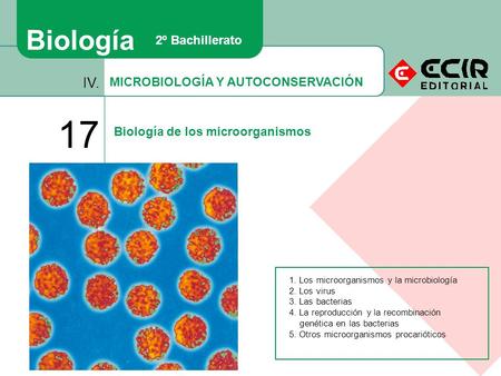 MICROBIOLOGÍA Y AUTOCONSERVACIÓN IV. 17 Biología de los microorganismos Biología 2º Bachillerato 1. Los microorganismos y la microbiología 2. Los virus.