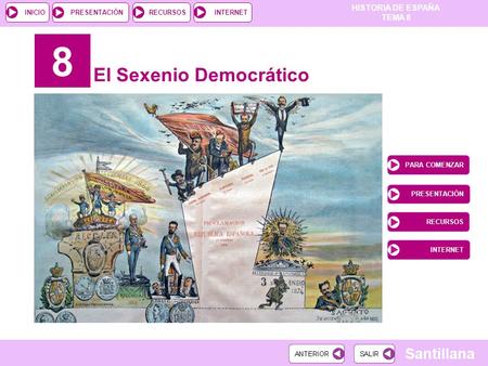 HISTORIA DE ESPAÑA TEMA 8 RECURSOSINTERNETPRESENTACIÓN Santillana INICIO 8 El Sexenio Democrático PARA COMENZAR PRESENTACIÓN RECURSOS INTERNET.