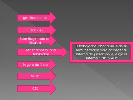 Utilidades gratificaciones Tener acceso a la Jubilación Estar Registrado en Essalud El trabajador abona un % de su remuneración para acceder al sistema.