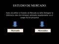 ESTUDIO DE MERCADO Antes de definir el Estudio de Mercado se debe distinguir la diferencia entre dos términos utilizados popularmente en el campo de los.