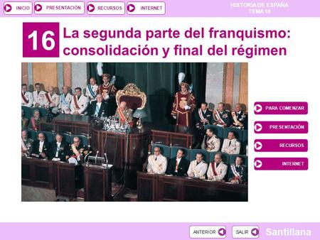 HISTORIA DE ESPAÑA TEMA 16 RECURSOSINTERNETPRESENTACIÓN Santillana INICIO 16 La segunda parte del franquismo: consolidación y final del régimen PARA COMENZAR.