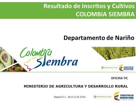 Resultado de Inscritos y Cultivos COLOMBIA SIEMBRA OFICINA TIC MINISTERIO DE AGRICULTURA Y DESARROLLO RURAL Bogotá D.C., Abril 12 de 2016 Departamento.