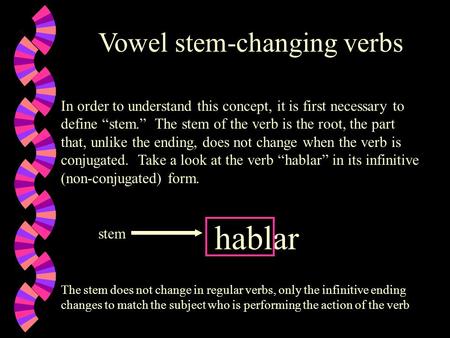 Vowel stem-changing verbs In order to understand this concept, it is first necessary to define “stem.” The stem of the verb is the root, the part that,