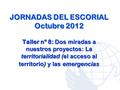 JORNADAS DEL ESCORIAL Octubre 2012 Taller nº 8: Dos miradas a nuestros proyectos: La territorialidad (el acceso al territorio) y las emergencias.