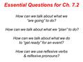 Essential Questions for Ch. 7.2 How can we talk about what we “are going” to do? How can we talk about what we “plan” to do? How can we talk about what.