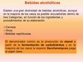 Bebidas alcohólicas Existen una gran diversidad de bebidas alcohólicas, aunque en la mayoría de los casos es posible encuadrarlas dentro de tres Categorías,