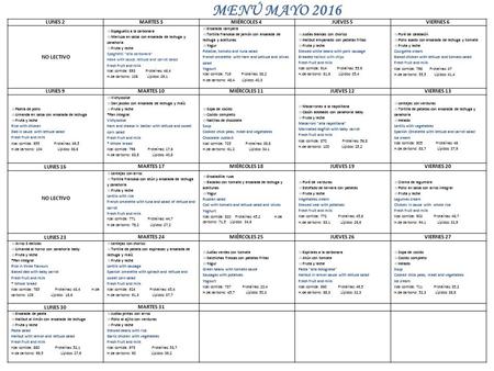 MENÚ MAYO 2016 LUNES 2MARTES 3MIÉRCOLES 4JUEVES 5VIERNES 6 NO LECTIVO ☺ Espaguetis a la carbonara ☺ Merluza en salsa con ensalada de lechuga y zanahoria.