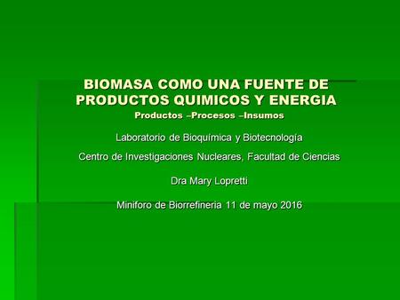 BIOMASA COMO UNA FUENTE DE PRODUCTOS QUIMICOS Y ENERGIA Productos –Procesos –Insumos Laboratorio de Bioquímica y Biotecnología Centro de Investigaciones.
