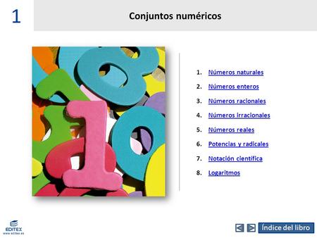 1 Índice del libro www.editex.es Conjuntos numéricos 1.Números naturalesNúmeros naturales 2.Números enterosNúmeros enteros 3.Números racionalesNúmeros.