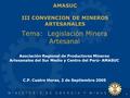 1 Tema: Legislación Minera Artesanal C.P. Cuatro Horas, 2 de Septiembre 2005 Asociación Regional de Productores Mineros Artesanales del Sur Medio y Centro.
