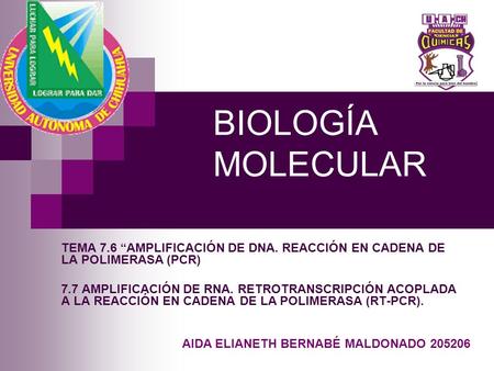 BIOLOGÍA MOLECULAR TEMA 7.6 “AMPLIFICACIÓN DE DNA. REACCIÓN EN CADENA DE LA POLIMERASA (PCR) 7.7 AMPLIFICACIÓN DE RNA. RETROTRANSCRIPCIÓN ACOPLADA A LA.