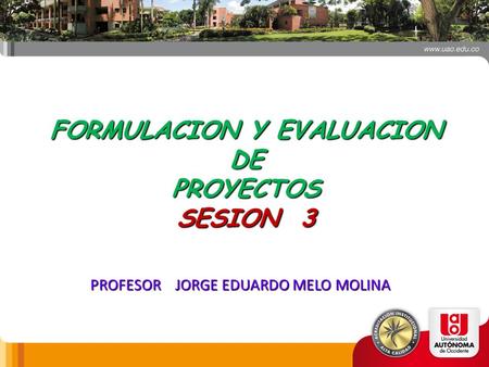 FORMULACION Y EVALUACION DE PROYECTOS SESION 3 FORMULACION Y EVALUACION DE PROYECTOS SESION 3 PROFESOR JORGE EDUARDO MELO MOLINA.