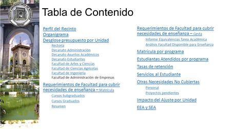 Tabla de Contenido Perfil del Recinto Organigrama Desglose presupuesto por Unidad Rectoría Decanato Administración Decanato Asuntos Académicos Decanato.
