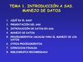 TEMA 1. INTRODUCCIÓN A SAS. MANEJO DE DATOS 1.¿QUÉ ES EL SAS? 2.PRESENTACIÓN DEL SAS 3.INTRODUCCIÓN DE DATOS EN SAS 4.MANEJO DE DATOS 5.PROCEDIMIENTOS.