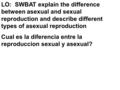 LO: SWBAT explain the difference between asexual and sexual reproduction and describe different types of asexual reproduction Cual es la diferencia entre.