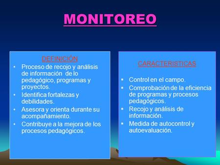 MONITOREO DEFINICIÓN Proceso de recojo y análisis de información de lo pedagógico, programas y proyectos. Identifica fortalezas y debilidades. Asesora.
