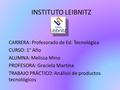 INSTITUTO LEIBNITZ CARRERA: Profesorado de Ed. Tecnológica CURSO: 1° Año ALUMNA: Melissa Mino PROFESORA: Graciela Martina TRABAJO PRÁCTICO: Análisis de.