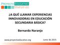 ¿A QUÉ LLAMAR EXPERIENCIAS INNOVADORAS EN EDUCACIÓN SECUNDARIA BÁSICA? Bernardo Naranjo Junio de 2015 www.proyectoeducativo.org.