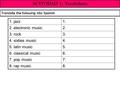 Translate the following into Spanish ACTIVIDAD 1: Vocabulario 1. jazz1. 2. electronic music2. 3. rock3. 4. sixties music4. 5. latin music5. 6. classical.