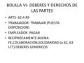 BOLILLA VI- DEBERES Y DERECHOS DE LAS PARTES ARTS- 62 A 89 TRABAJADOR: TRABAJAR (PUESTA DISPOSICION) EMPLEADOR :PAGAR RECIPROCAMENTE:BUENA FE,COLABORACION,SOLIDARIDAD.