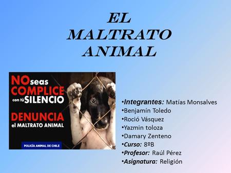 El maltrato animal Integrantes: Matías Monsalves Benjamín Toledo Roció Vásquez Yazmin toloza Damary Zenteno Curso: 8ºB Profesor: Raúl Pérez Asignatura: