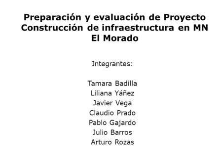 Preparación y evaluación de Proyecto Construcción de infraestructura en MN El Morado Integrantes: Tamara Badilla Liliana Yáñez Javier Vega Claudio Prado.