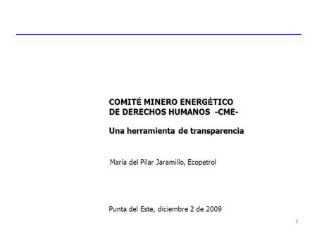 1 COMIT É MINERO ENERG É TICO DE DERECHOS HUMANOS -CME- Una herramienta de transparencia Punta del Este, diciembre 2 de 2009 María del Pilar Jaramillo,