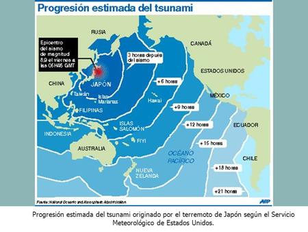 Progresión estimada del tsunami originado por el terremoto de Japón según el Servicio Meteorológico de Estados Unidos.