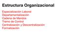 Especialización Laboral Departamentalización Cadena de Mandos Tramo de Control Centralización y Descentralización Formalización Estructura Organizacional.