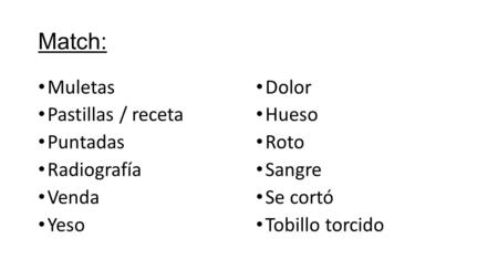 Match: Muletas Pastillas / receta Puntadas Radiografía Venda Yeso Dolor Hueso Roto Sangre Se cortó Tobillo torcido.