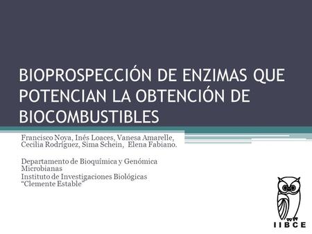 BIOPROSPECCIÓN DE ENZIMAS QUE POTENCIAN LA OBTENCIÓN DE BIOCOMBUSTIBLES Francisco Noya, Inés Loaces, Vanesa Amarelle, Cecilia Rodríguez, Sima Schein,