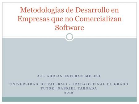 Metodologías de Desarrollo en Empresas que no Comercializan Software A.S. ADRIAN ESTEBAN MELESI UNIVERSIDAD DE PALERMO - TRABAJO FINAL DE GRADO TUTOR: