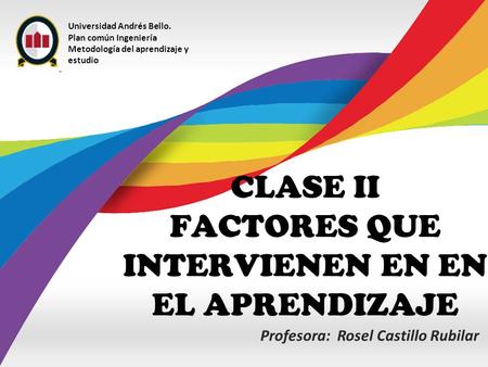 Profesora: Rosel Castillo Rubilar Universidad Andrés Bello. Plan común Ingeniería Metodología del aprendizaje y estudio CLASE II FACTORES QUE INTERVIENEN.