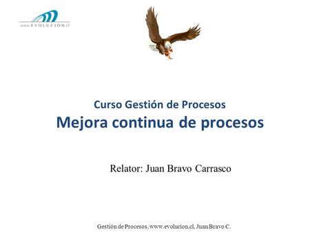 Gestión de Procesos, www.evolucion.cl, Juan Bravo C. Curso Gestión de Procesos Mejora continua de procesos Relator: Juan Bravo Carrasco 2013.