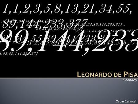 Fibonacci Oscar Carvajal 1,1,2,3,5,8,13,21,34,55, 89,144,233,377,8,13,21,34,55,89,144,233,377… 1,1,2,3,5,8,13,21,34,55,89,144,233,377… 21,34,55,89,144,233,377.