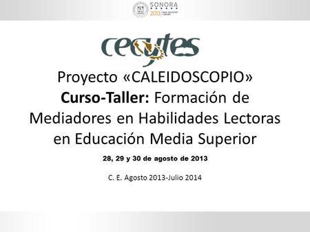 Proyecto «CALEIDOSCOPIO» Curso-Taller: Formación de Mediadores en Habilidades Lectoras en Educación Media Superior 28, 29 y 30 de agosto de 2013 C. E.