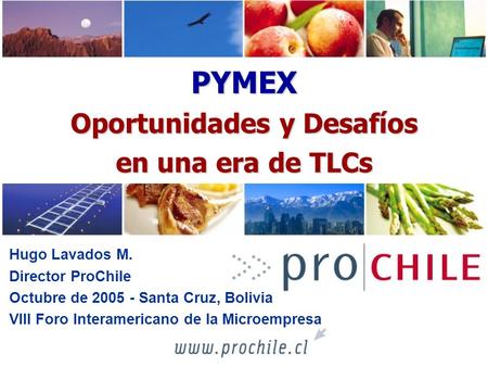 PYMEX Oportunidades y Desafíos en una era de TLCs Hugo Lavados M. Director ProChile Octubre de 2005 - Santa Cruz, Bolivia VIII Foro Interamericano de la.