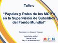 Taller: “Papeles y Roles de los MCP´s en la Supervisión de Subsidios del Fondo Mundial” Facilitador: Lic. Eduardo Vásquez Hotel Bahía del Sol Taller #