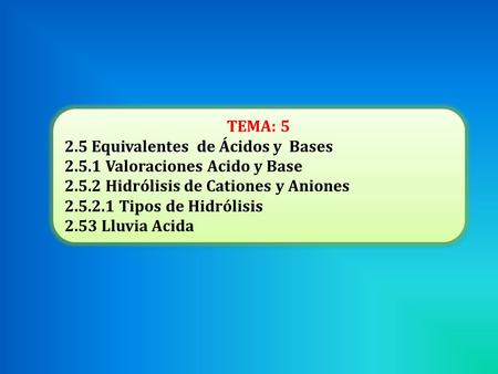 TEMA: 5 2.5 Equivalentes de Ácidos y Bases 2.5.1 Valoraciones Acido y Base 2.5.2 Hidrólisis de Cationes y Aniones 2.5.2.1 Tipos de Hidrólisis 2.53 Lluvia.